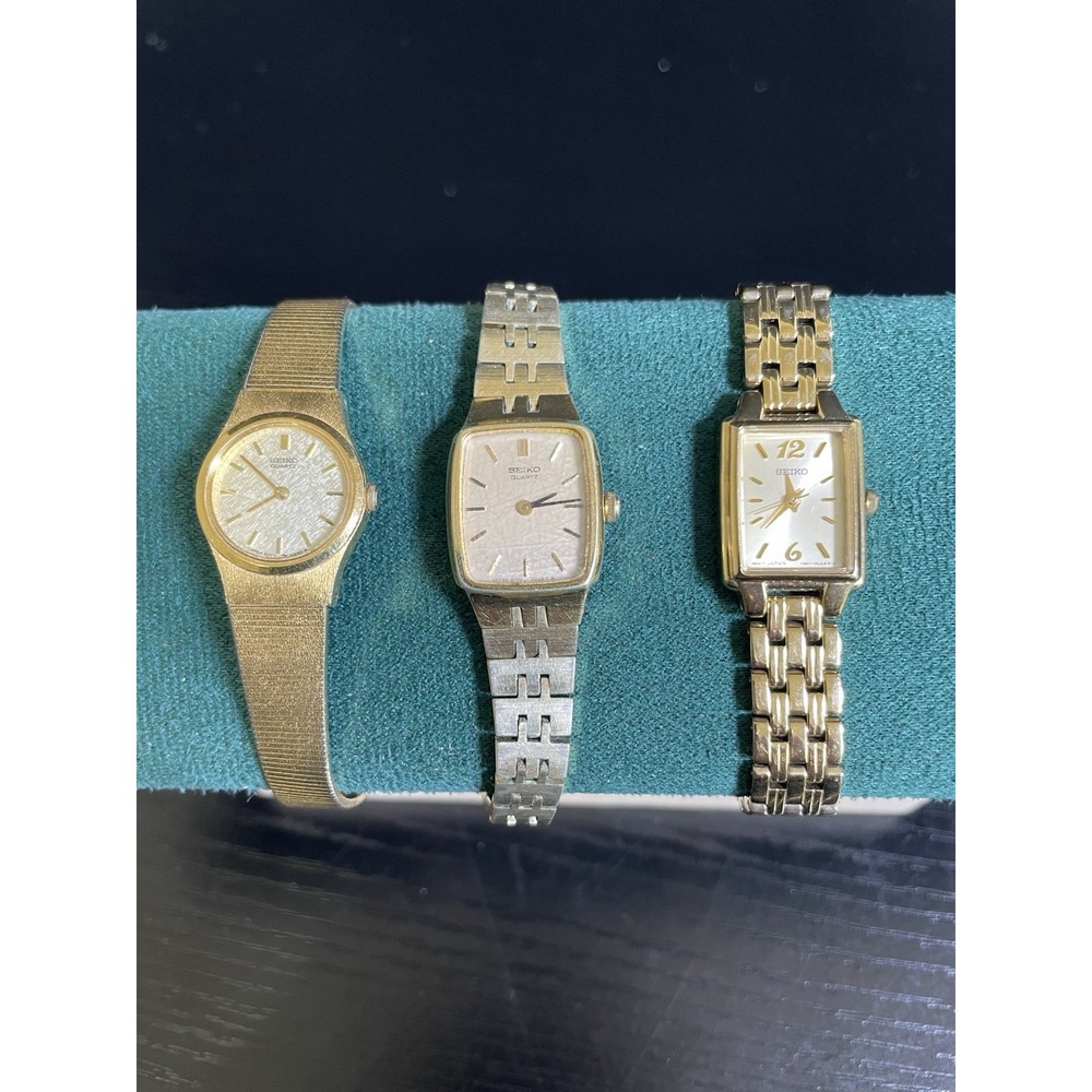 Vintage Seiko Ladies Quartz Watch Lot Gold Tone Rectangular Japan Parts